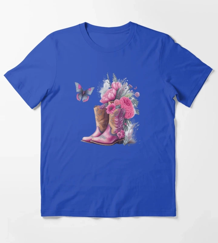 Pink Cowgirl Boots with Flowers and Butterflies T-Shirt Blue