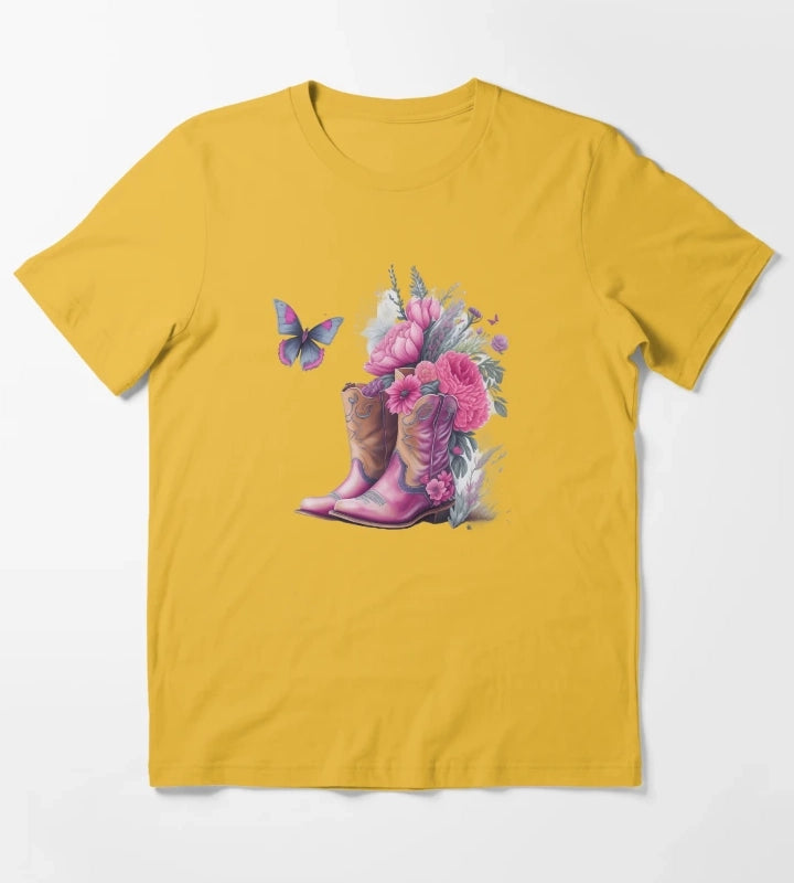 Pink Cowgirl Boots with Flowers and Butterflies T-Shirt Yellow