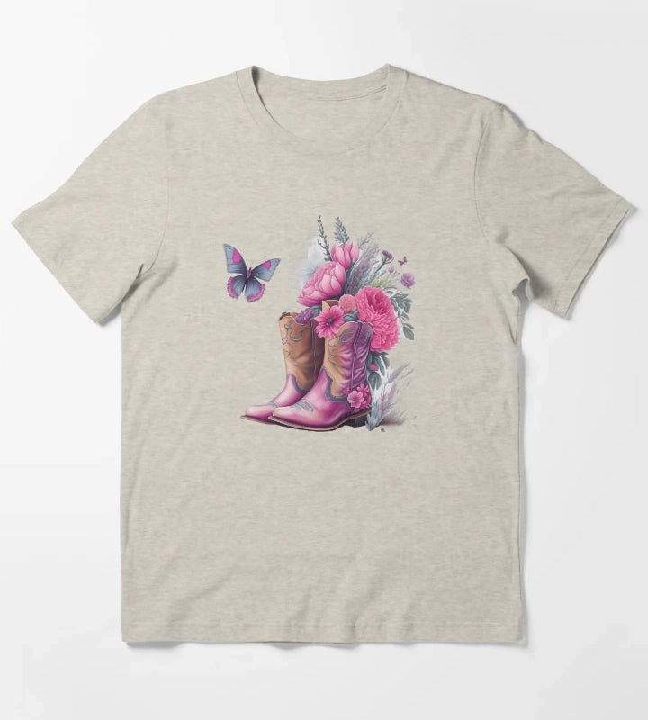 Pink Cowgirl Boots with Flowers and Butterflies T-Shirt Cream