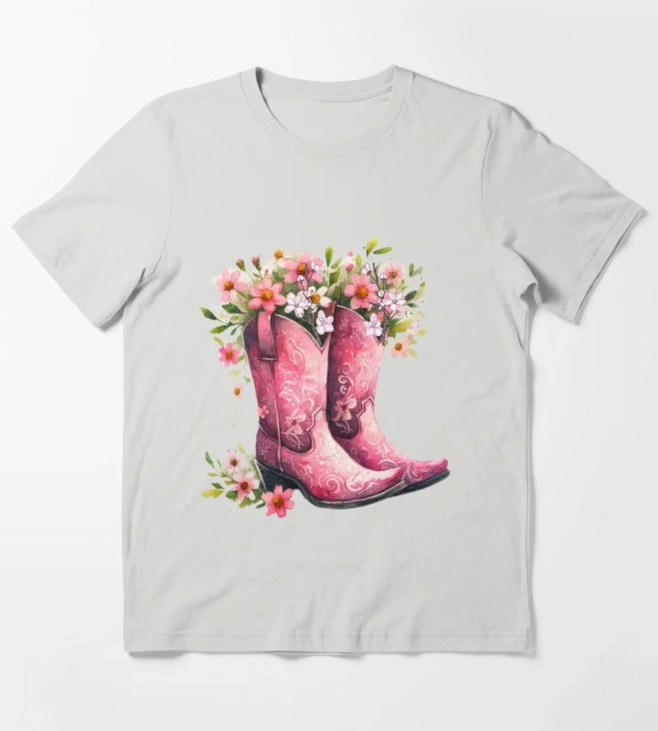 Pink Cowgirl Bouquet Boots T-Shirt Light Grey