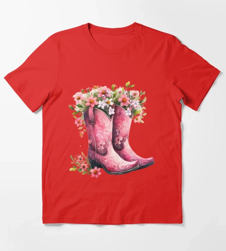 Pink Cowgirl Bouquet Boots T-Shirt Red
