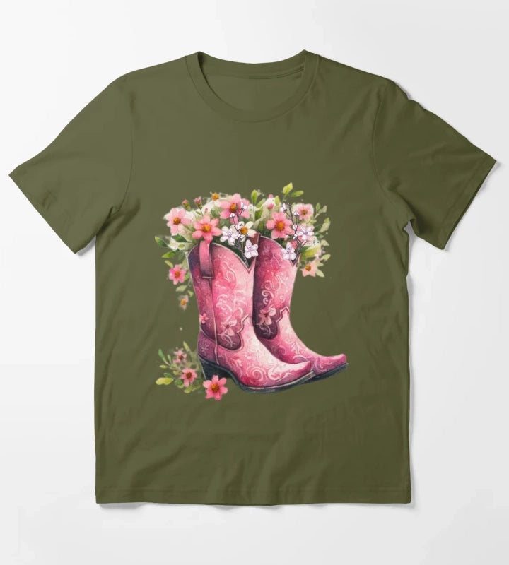 Pink Cowgirl Bouquet Boots T-Shirt Olive Green