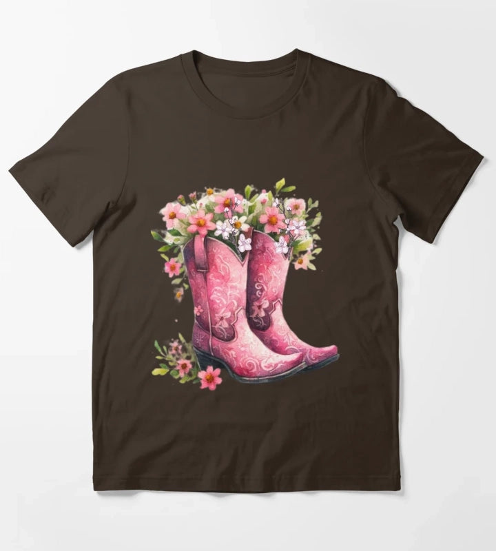 Pink Cowgirl Bouquet Boots T-Shirt Brown