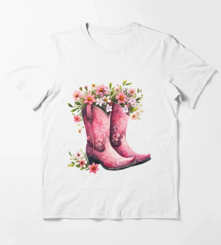 Pink Cowgirl Bouquet Boots T-Shirt White