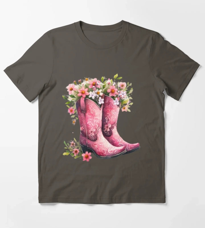Pink Cowgirl Bouquet Boots T-Shirt Dark Grey