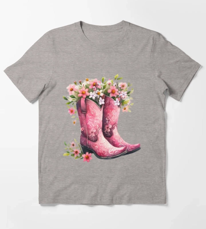 Pink Cowgirl Bouquet Boots T-Shirt Heather Grey