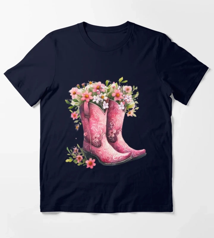 Pink Cowgirl Bouquet Boots T-Shirt Navy