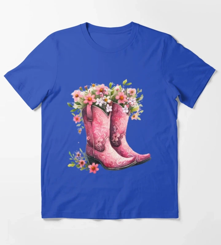 Pink Cowgirl Bouquet Boots T-Shirt Blue