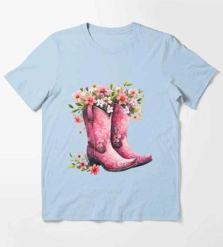 Pink Cowgirl Bouquet Boots T-Shirt Sky Blue