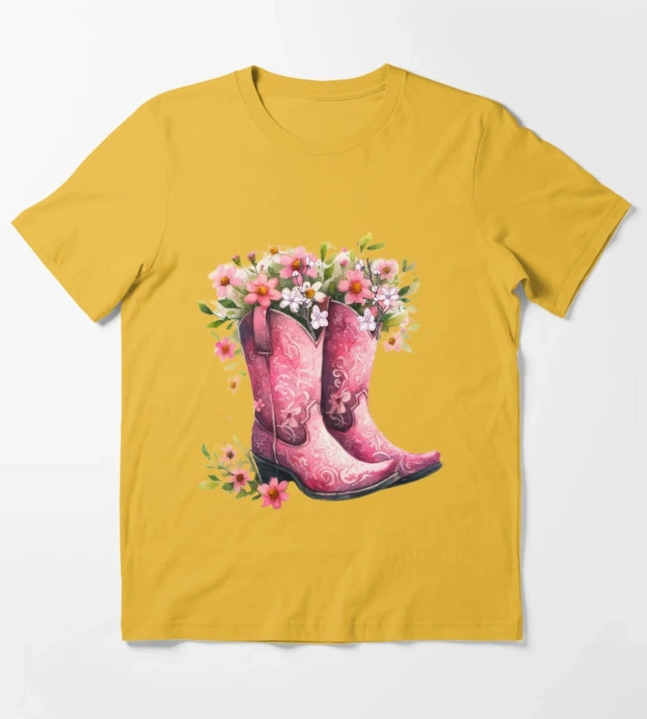 Pink Cowgirl Bouquet Boots T-Shirt Yellow