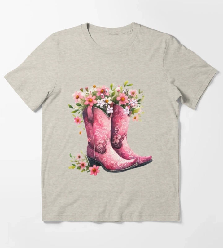 Pink Cowgirl Bouquet Boots T-Shirt Cream