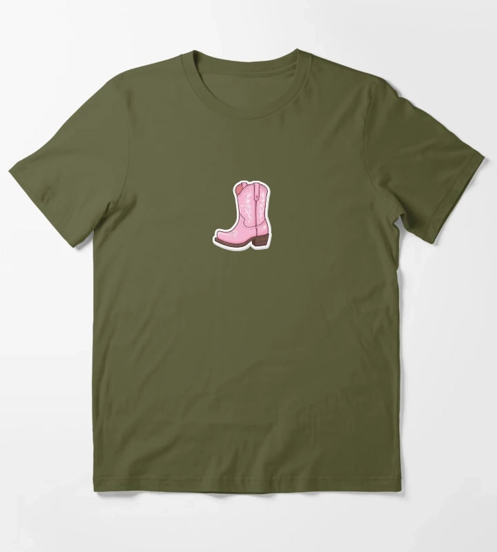 Pink Cowgirl boot T-Shirt Olive Green
