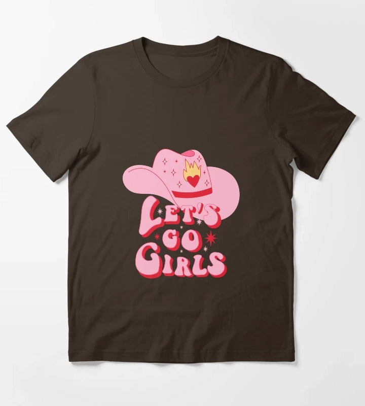 Pink Cowgirl hat Lets Go Girls T-Shirt Brown