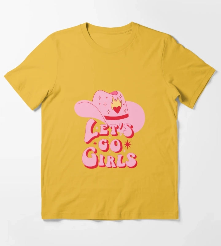 Pink Cowgirl hat Lets Go Girls T-Shirt Yellow