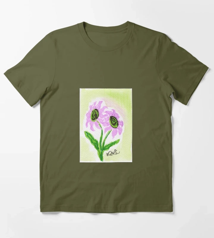 Pink Daisies T-Shirt Olive Green