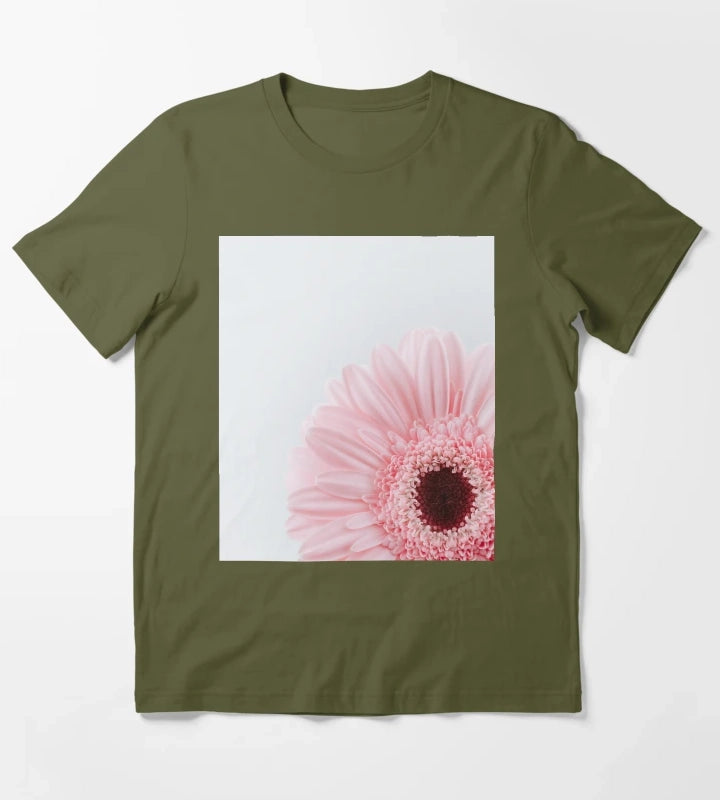 Pink Daisy Flower T-Shirt Olive Green