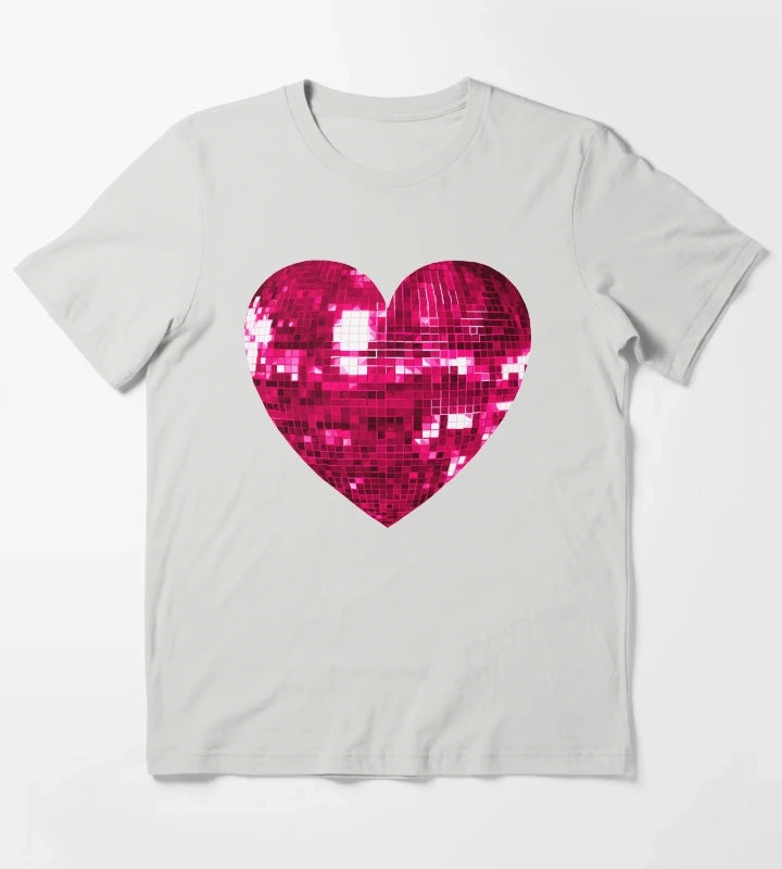 Pink Disco Ball Heart T-Shirt Light Grey