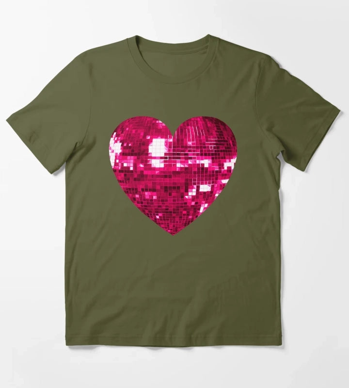Pink Disco Ball Heart T-Shirt Olive Green
