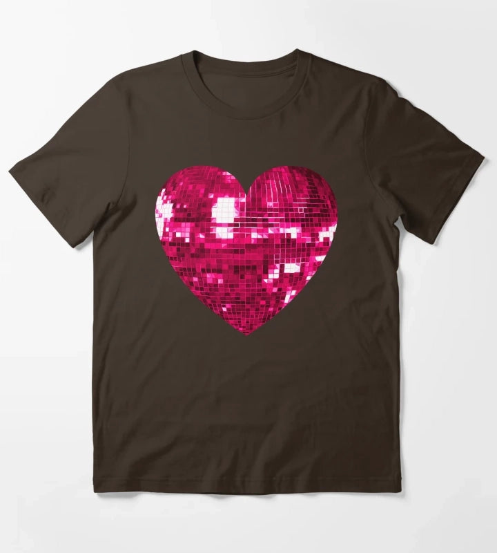 Pink Disco Ball Heart T-Shirt Brown