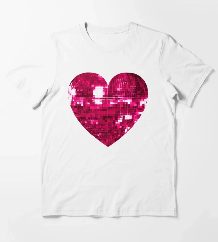 Pink Disco Ball Heart T-Shirt White