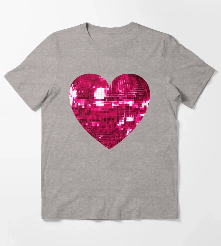 Pink Disco Ball Heart T-Shirt Heather Grey