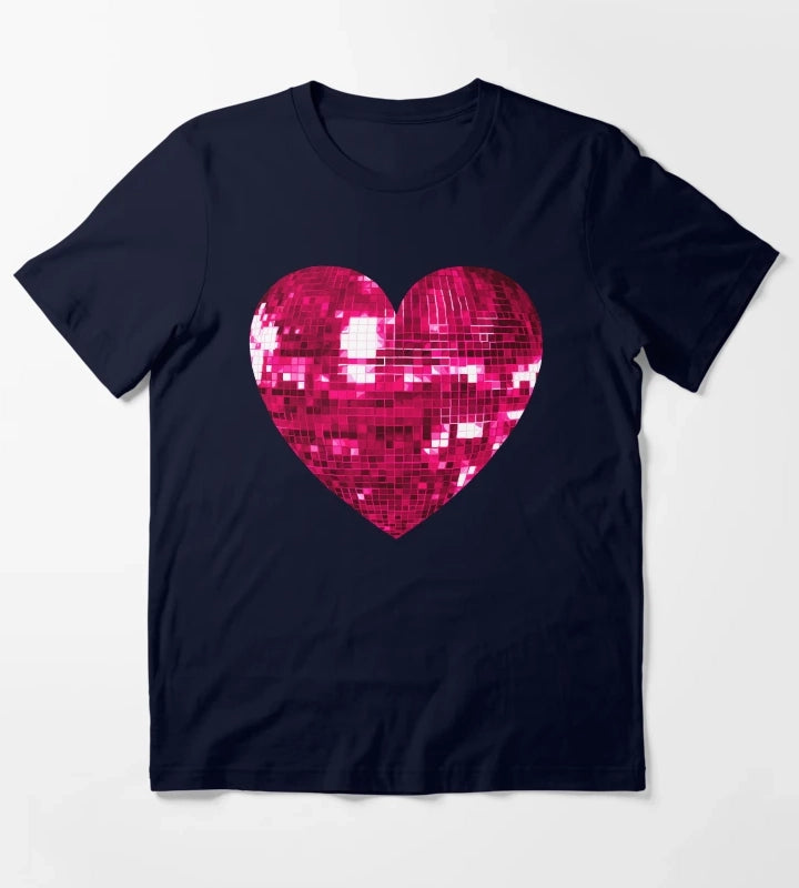 Pink Disco Ball Heart T-Shirt Navy
