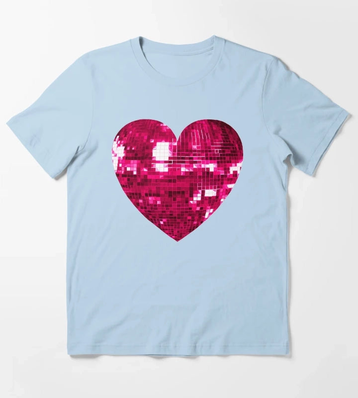 Pink Disco Ball Heart T-Shirt Sky Blue