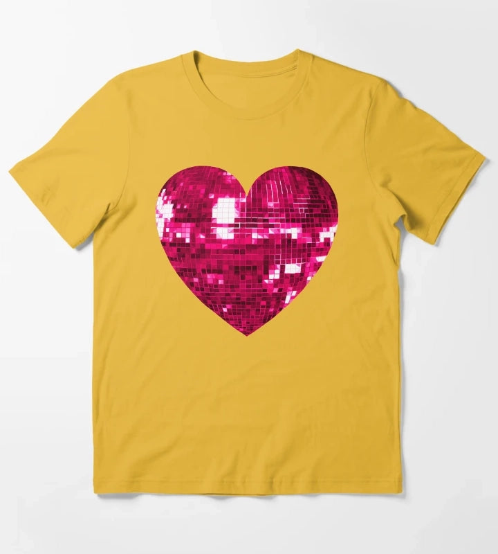 Pink Disco Ball Heart T-Shirt Yellow