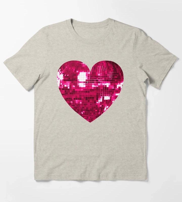 Pink Disco Ball Heart T-Shirt Cream