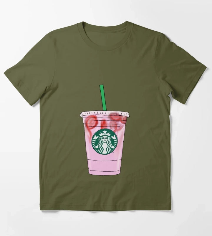 Pink Drink Illustration T-Shirt Olive Green