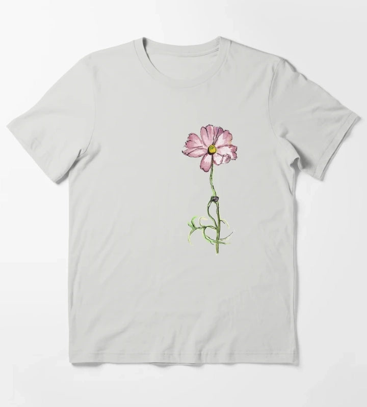 Pink Flower in Watercolour T-Shirt Light Grey