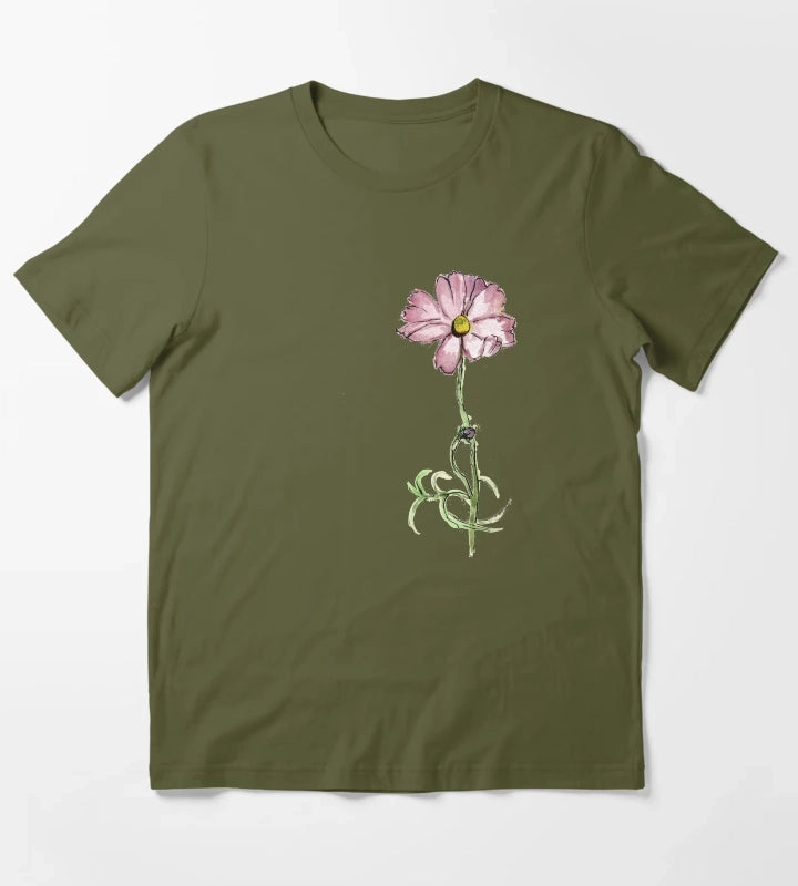 Pink Flower in Watercolour T-Shirt Olive Green