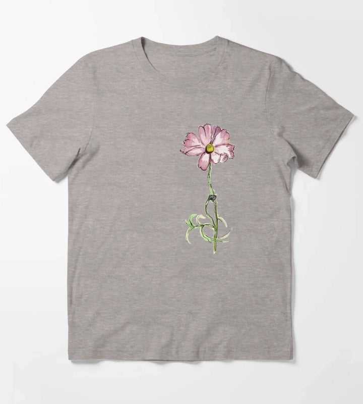 Pink Flower in Watercolour T-Shirt Heather Grey