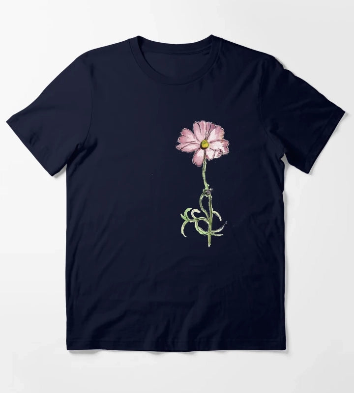 Pink Flower in Watercolour T-Shirt Navy