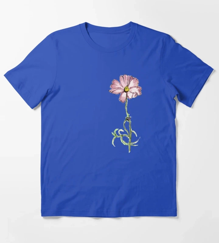 Pink Flower in Watercolour T-Shirt Blue