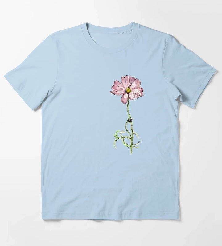Pink Flower in Watercolour T-Shirt Sky Blue