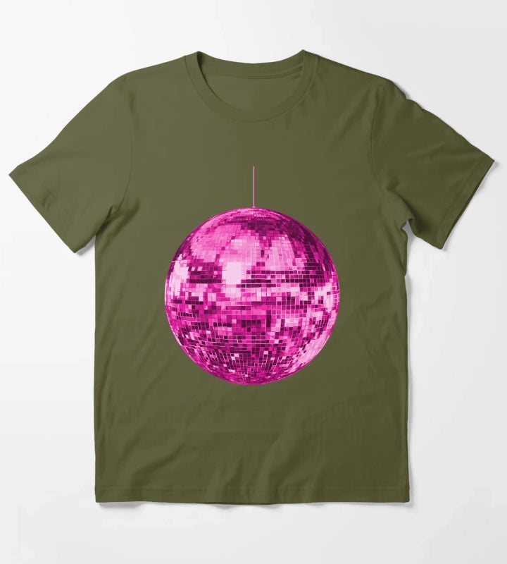 Pink Vintage Sparkling Disco Ball T-Shirt Olive Green