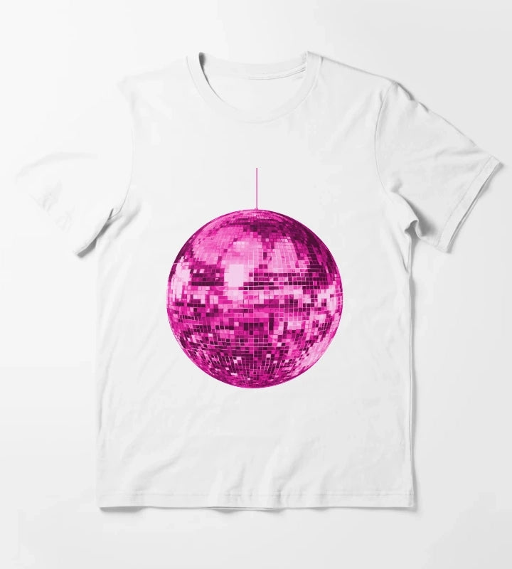 Pink Vintage Sparkling Disco Ball T-Shirt White