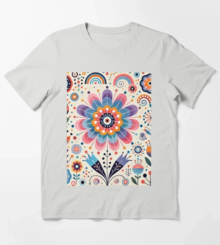 Pink Yellow and Blue Daisy Scandinavian Folk Art by heidiannemorris T-Shirt Light Grey