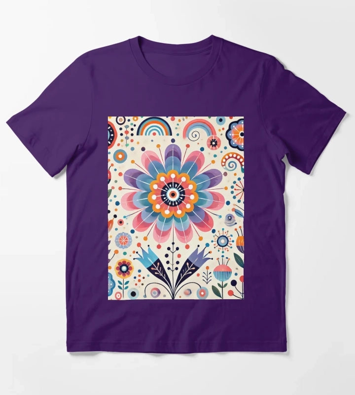Pink Yellow and Blue Daisy Scandinavian Folk Art by heidiannemorris T-Shirt Purple