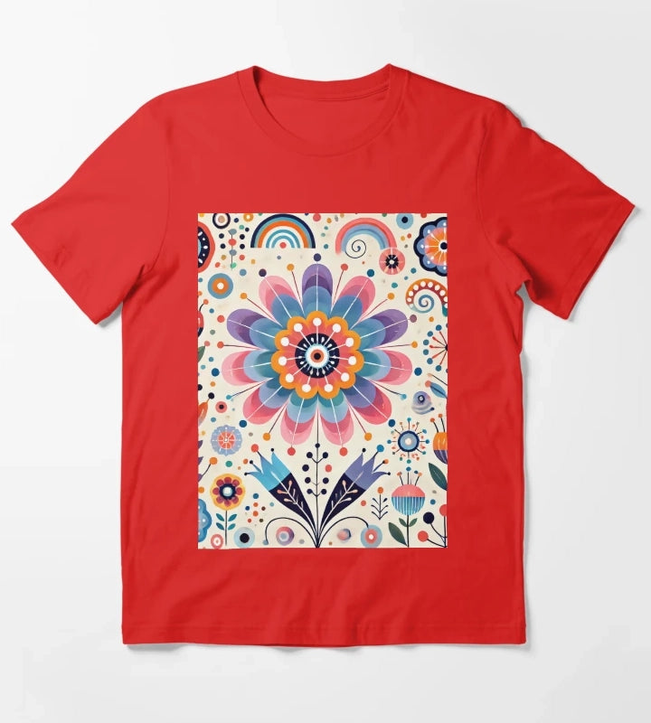 Pink Yellow and Blue Daisy Scandinavian Folk Art by heidiannemorris T-Shirt Red