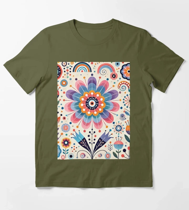 Pink Yellow and Blue Daisy Scandinavian Folk Art by heidiannemorris T-Shirt Olive Green