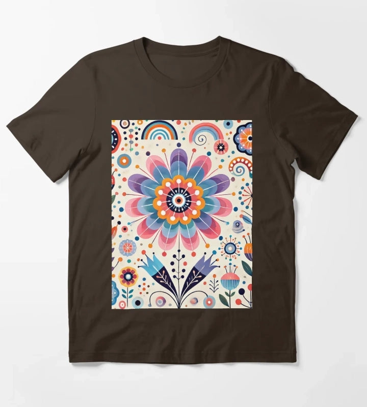 Pink Yellow and Blue Daisy Scandinavian Folk Art by heidiannemorris T-Shirt Brown