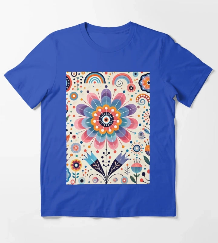Pink Yellow and Blue Daisy Scandinavian Folk Art by heidiannemorris T-Shirt Blue