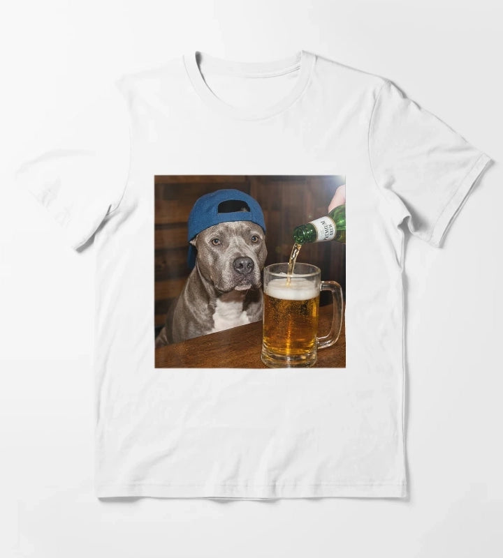 Pit Bull Drinking Beer Funny Dog Meme T-Shirt White