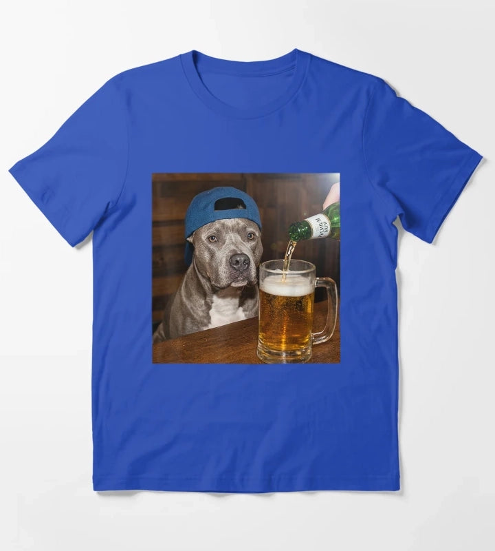 Pit Bull Drinking Beer Funny Dog Meme T-Shirt Blue