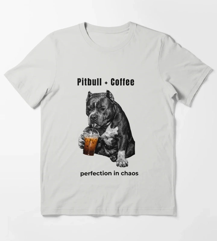 Pitbull Coffee Perfection in Chaos Funny Pitbull Drinking Coffee Shirt T-Shirt Light Grey