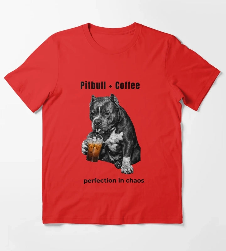 Pitbull Coffee Perfection in Chaos Funny Pitbull Drinking Coffee Shirt T-Shirt Red