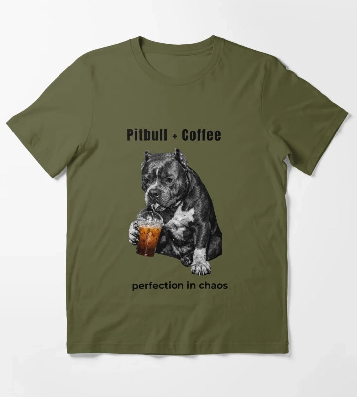 Pitbull Coffee Perfection in Chaos Funny Pitbull Drinking Coffee Shirt T-Shirt Olive Green