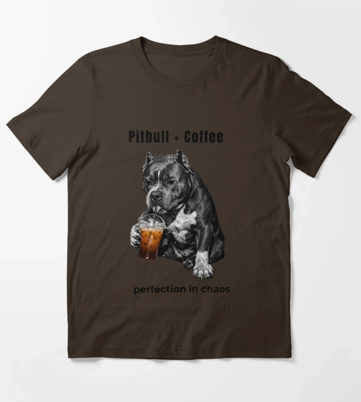 Pitbull Coffee Perfection in Chaos Funny Pitbull Drinking Coffee Shirt T-Shirt Brown